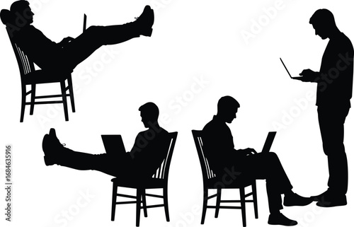 "Silhouettes of People Using Laptops in Various Postures for Ergonomic, Casual, and Standing Workstation Concepts – Vector Illustration Design"