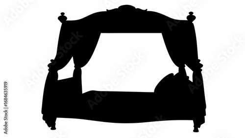 Silhouette of a four poster bed with pillows and ornate headboard and footboard design in black color | editable eps vectors