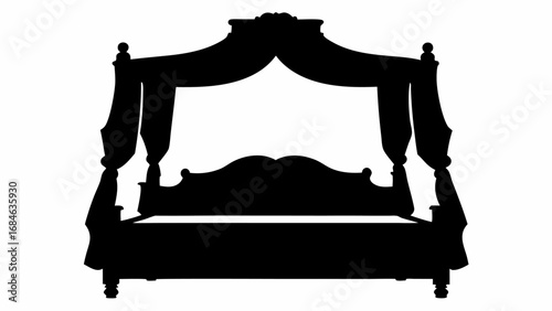 Silhouette of a four poster bed with decorative headboard and draped fabric canopy in black and white | editable eps vectors