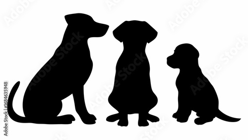 Silhouette of three dogs sitting side by side with varying sizes and poses in a simple black and white style | editable eps vectors