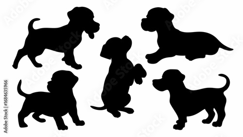 Silhouette illustration of five playful puppies in various poses against a white background design art | editable eps vectors