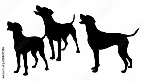 Three black dog silhouettes with heads raised as if howling or barking against a white background scene | editable eps vectors