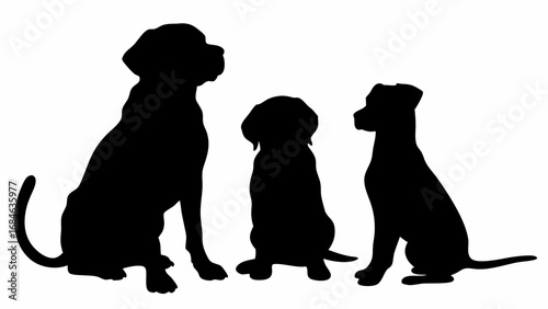Silhouette illustration of three dogs sitting side by side in a row against a white background view | editable eps vectors