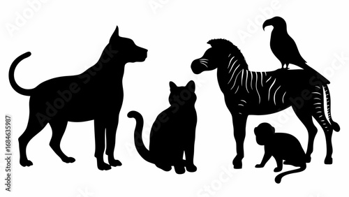 Silhouette of dog cat zebra monkey and eagle standing together in a group in black and white background | editable eps vectors
