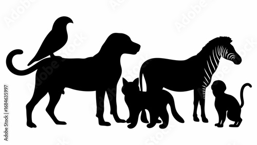 Silhouette illustration of a bird perched on a dog with a cat zebra and monkey standing nearby | editable eps vectors