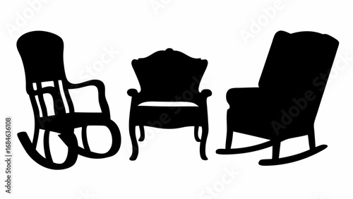 Three chairs in silhouette including a rocking chair and a victorian style arm chair shown together | editable eps vectors