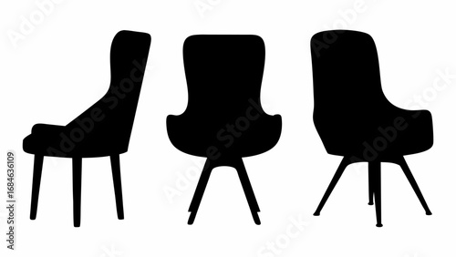 Silhouette illustration of three chairs in different views showcasing modern furniture design and style | editable eps vectors