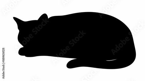 Silhouette of a cat curled up and lying down with its head resting on its paws in a black and white image | editable eps vectors
