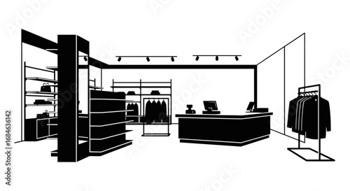 retail store interior design, fashion shop, apparel store, black and white minimalist illustration, clothing boutique, showroom plan, sales counter, shelves, rack