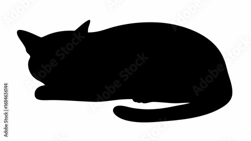 Silhouette of a cat curled up and sleeping peacefully on a white background with its tail visible | editable eps vectors