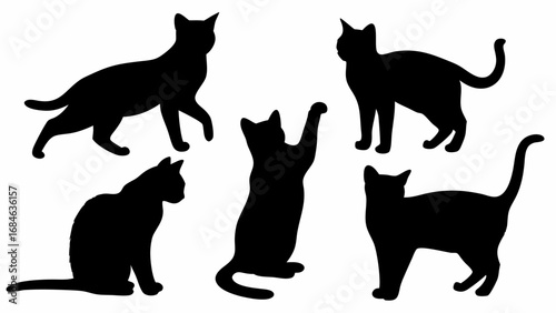 Five black cat silhouettes in various poses including walking sitting and stretching on a white background | editable eps vectors