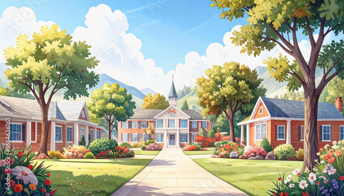 Picturesque street lined with houses and trees under a clear sky with copy space for text on white background