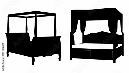 Two silhouette images of four poster beds with different designs against a white background shown side by side | editable eps vectors