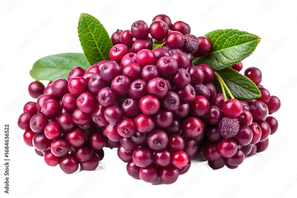 Fototapeta premium Fresh aronia berries with green leaves isolated on transparent background, a healthy and vibrant treat