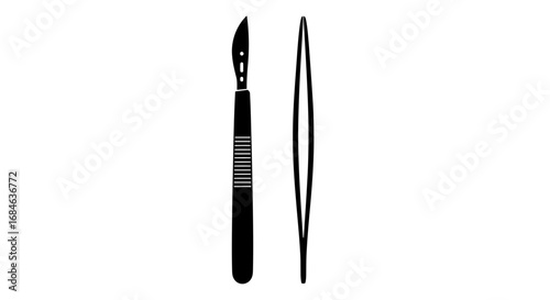 scalpel and forceps medical instruments, surgery tools, healthcare, precision, sterile, sharp, black silhouette, simple design, medical equipment, hospital, clinic