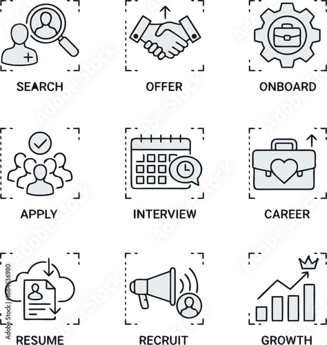 Modern business icons illustrate hiring process stages from search to growth