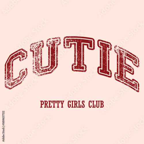 Vintage ribbon pink bow tie drawing illustration print with college varsity typography girly cute slogan for graphic tee t shirt or poster sticker - Vector