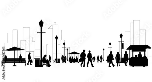silhouette cityscape people walking, street vendors, and urban life