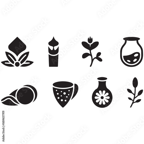 Black and white vector icons set of coffee, tea, and spa signs