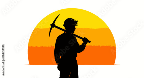 silhouette miner sunset pickaxe, hard work, labor, industry, graphic