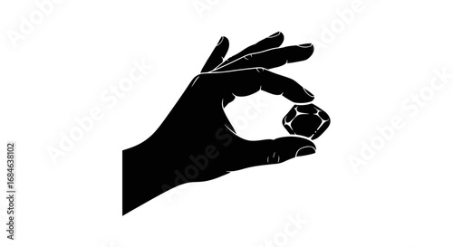 silhouette of a hand holding a gemstone, precious stone, jewelry, luxury, elegance, wealth, richness, treasure, gem, diamond, minimalist art, black and white