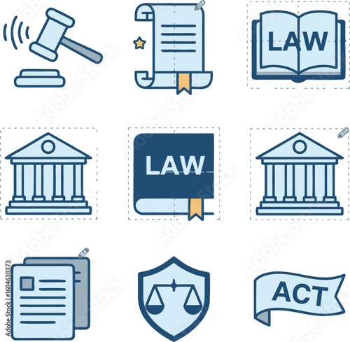 Legal justice icons courtroom gavel law books courthouse scales documents and act banner for legal services