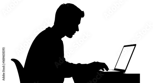 silhouette of a man working on laptop, profile view, digital, technology, modern