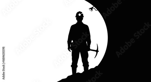 silhouette of a miner with pickaxe at mine entrance, coal mining, dark cave, hard work, labor, industry