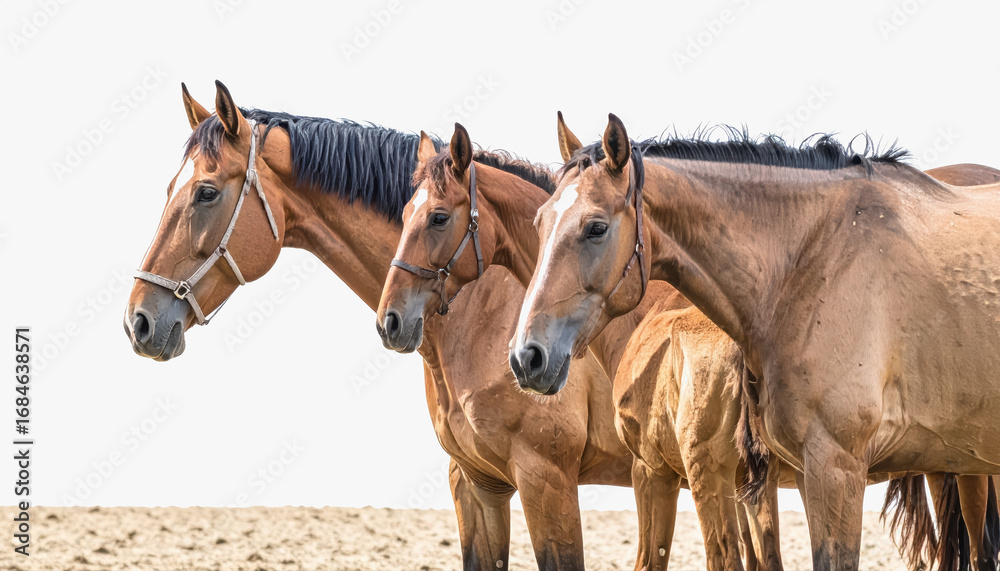 Fototapeta premium Two majestic horses standing together in a horse breeding farm environment with copy space for text presentation