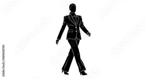 silhouette of a woman in a pantsuit walking confidently, powerful businesswoman, corporate attire, stride, elegant silhouette