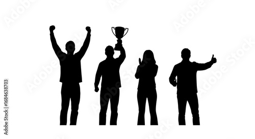 silhouette of a winning team celebrating victory with trophy and gestures