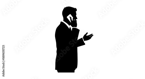 silhouette of businessman talking on phone, making a point, professional communication
