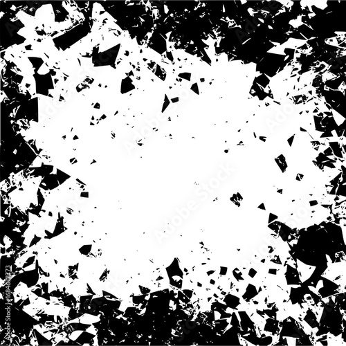 Abstract black and white shattered pattern with a central white space and fragmented edges design style art