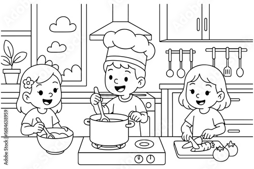 Cute cartoon illustration of kids cooking together in the kitchen, stirring, mixing, and chopping vegetables, perfect for a fun coloring book page.