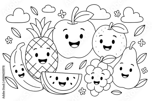 Cute cartoon fruits coloring page with smiling apple, banana, pineapple, orange, pear, grapes, and watermelon. Fun and playful black and white illustration for kids activity book.