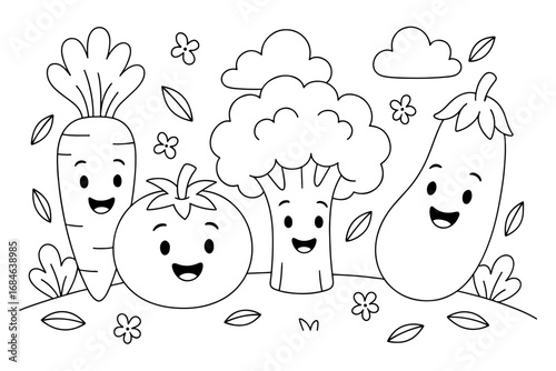 Cute cartoon vegetables coloring page with smiling carrot, tomato, broccoli, and eggplant. Fun black and white illustration for kids activity and learning book.