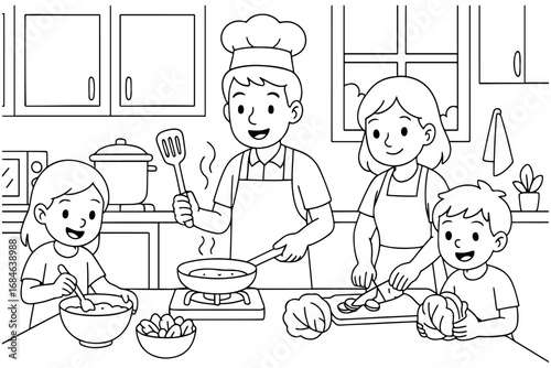 Cute cartoon illustration of a happy family cooking together in the kitchen, perfect for kids’ coloring pages, family activity books, and educational materials.