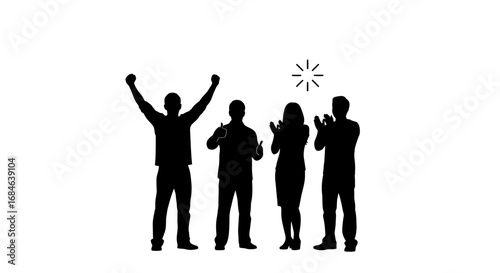 silhouette of four people celebrating success, applauding and cheering achievement, teamwork concept