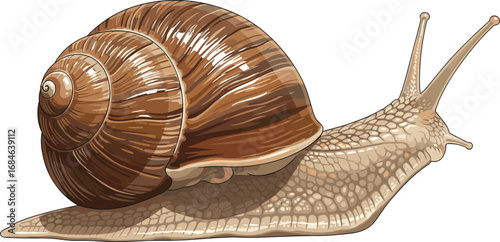 Realistic snail side view with coiled brown shell and tentacles, detailed vector illustration of mollusk anatomy and texture