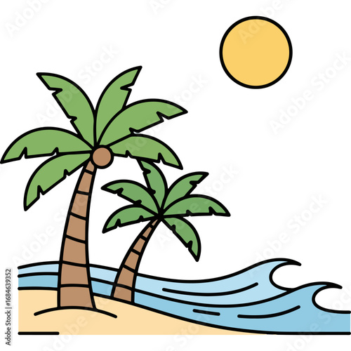 Summer beach scene with coconut trees and ocean waves. Ideal as a logo or graphic designed for travel, vacation, environment or summer holidays.