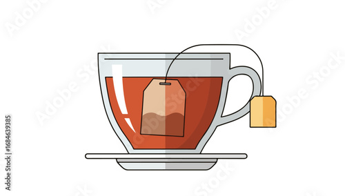 A clear glass cup of tea with a tea bag inside.