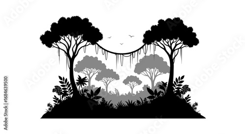 silhouette of lush tropical forest, jungle landscape, trees, vines, plants