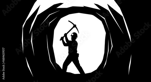 silhouette of miner working in dark mine tunnel with pickaxe