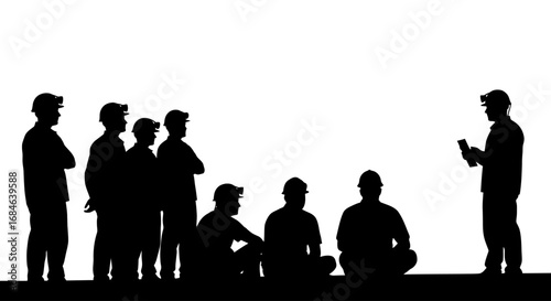 silhouette of miners in hard hats, team meeting, briefing, discussion, industry, work, collaboration, safety