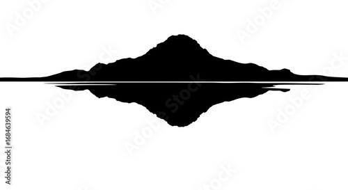 silhouette of mountain reflected in calm water, minimalist landscape, black and white, serene nature scene, graphic design element
