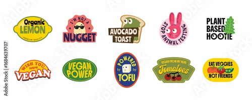 Collection of colorful vegan stickers with fun slogans and illustrations. Includes designs promoting plant-based lifestyle, animal rights, organic food. Vegan Sticker vector set