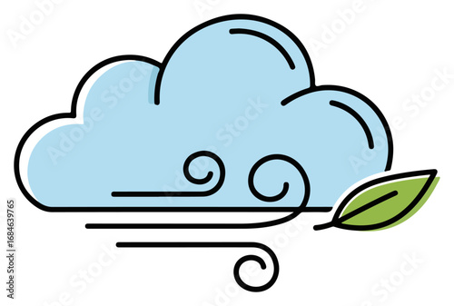 Cloudy and windy weather with a green leaf illustration.