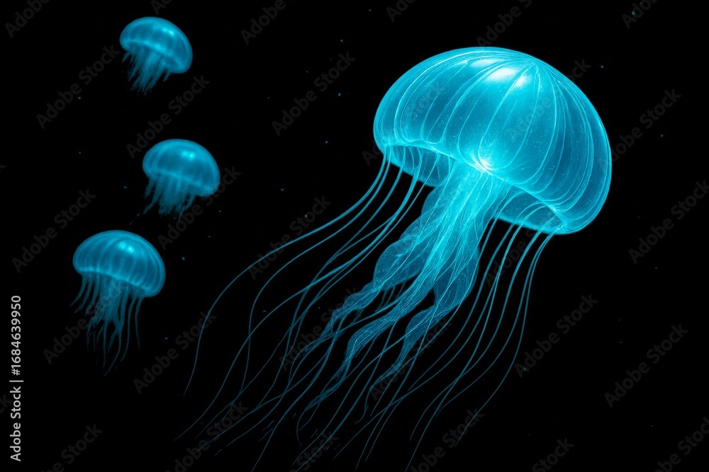 Naklejka premium Glowing blue jellyfish floating in dark ocean with bioluminescent light effect in abstract digital style on black background. Ai generative. Ai generative