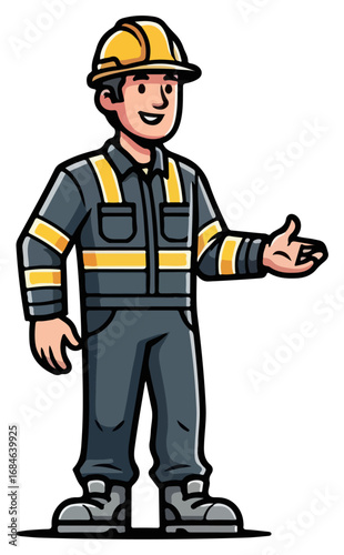 Construction worker in uniform offering assistance, ready for work.