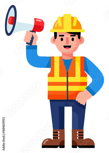 Construction worker using megaphone for important announcement.